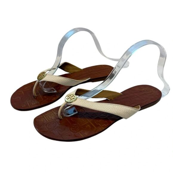 Tori Burch Women's Thora Leather Sandals Flat Thongs White Gold Logo Size 10 - Picture 1 of 6
